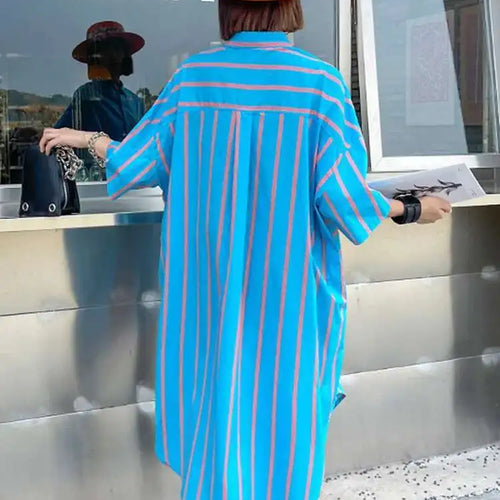 Load image into Gallery viewer, Women Blue Striped Bandage Big Size Knee-Length Shirt Dress New Lapel Long Sleeve Fashion Tide Spring Autumn 2025 1DH4539
