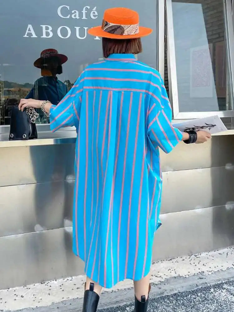 Women Blue Striped Bandage Big Size Knee-Length Shirt Dress New Lapel Long Sleeve Fashion Tide Spring Autumn 2025 1DH4539