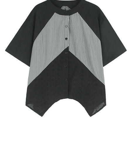 Women Black Striped Lace Hem Big Size Blouse New Stand Collar Half Sleeve Shirt Fashion Tide Spring Summer 2025 1DJ1109