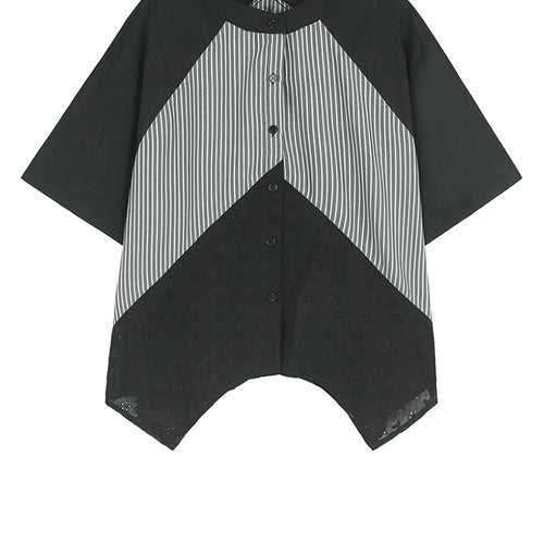 Load image into Gallery viewer, Women Black Striped Lace Hem Big Size Blouse New Stand Collar Half Sleeve Shirt Fashion Tide Spring Summer 2025 1DJ1109
