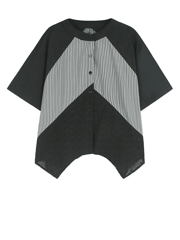 Women Black Striped Lace Hem Big Size Blouse New Stand Collar Half Sleeve Shirt Fashion Tide Spring Summer 2025 1DJ1109