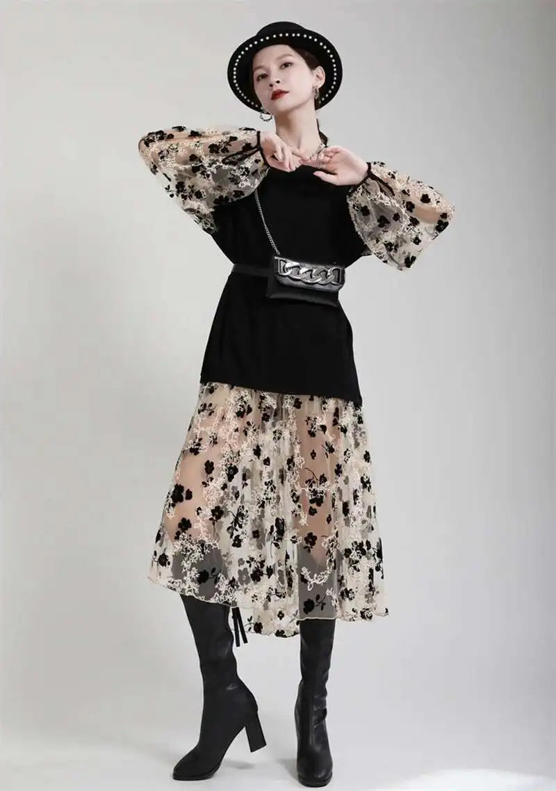 Women Pattern Printed Perspective Big Size Dress New V-Neck Long Sleeve Loose Fit Fashion Tide Spring Autumn 2025 1DE3176