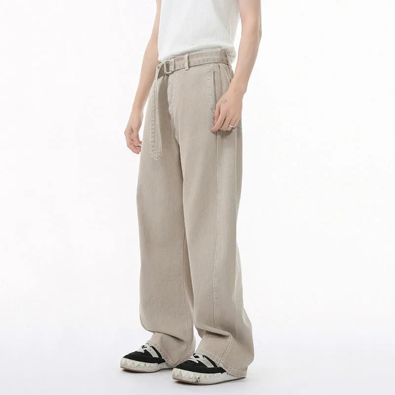 Men's Jeans Straight Leg Design New Korean Handsome Solid Color Denim Pants Belt Loose Fashion Male Bottoms Spring 9W1590