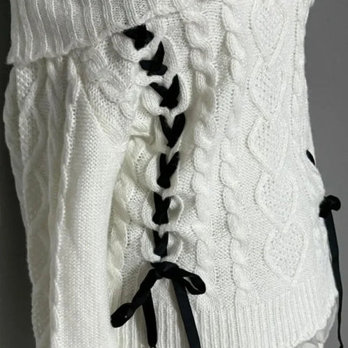 Load image into Gallery viewer, Y2k Aesthetic Slash Neck Twist Sweater Women Off Shlouder Bandage Pullover Vintage Lantern Sleeve Jumper Kawaii Fairy Jumpers
