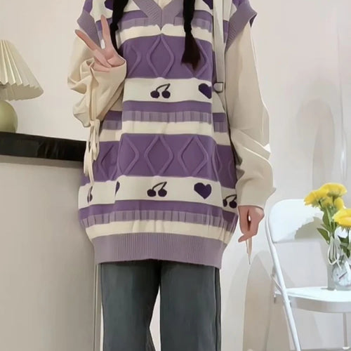 Load image into Gallery viewer, Cartoon Print Sweater Vest Women Kawaii Love Waistcoat Streetwear Knitted Fashion College All-match Harajuku Y2k Vests Chandails
