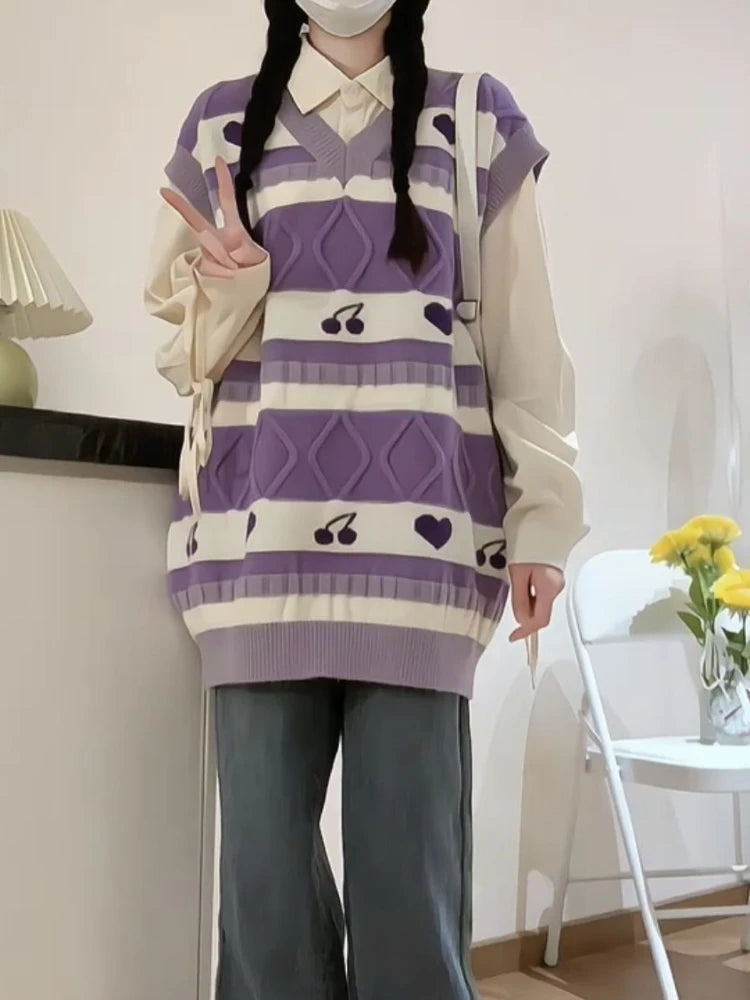 Cartoon Print Sweater Vest Women Kawaii Love Waistcoat Streetwear Knitted Fashion College All-match Harajuku Y2k Vests Chandails