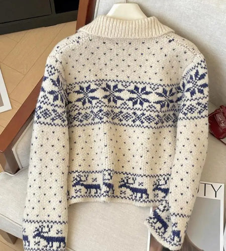 French Autumn Winter Beige Print Elegant Zipper Cardigan Short Sweater Women's Vintage 2024 New Long Sleeved Knitted Tops Trendy