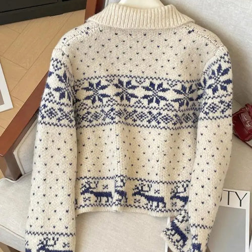 Load image into Gallery viewer, French Autumn Winter Beige Print Elegant Zipper Cardigan Short Sweater Women's Vintage 2024 New Long Sleeved Knitted Tops Trendy
