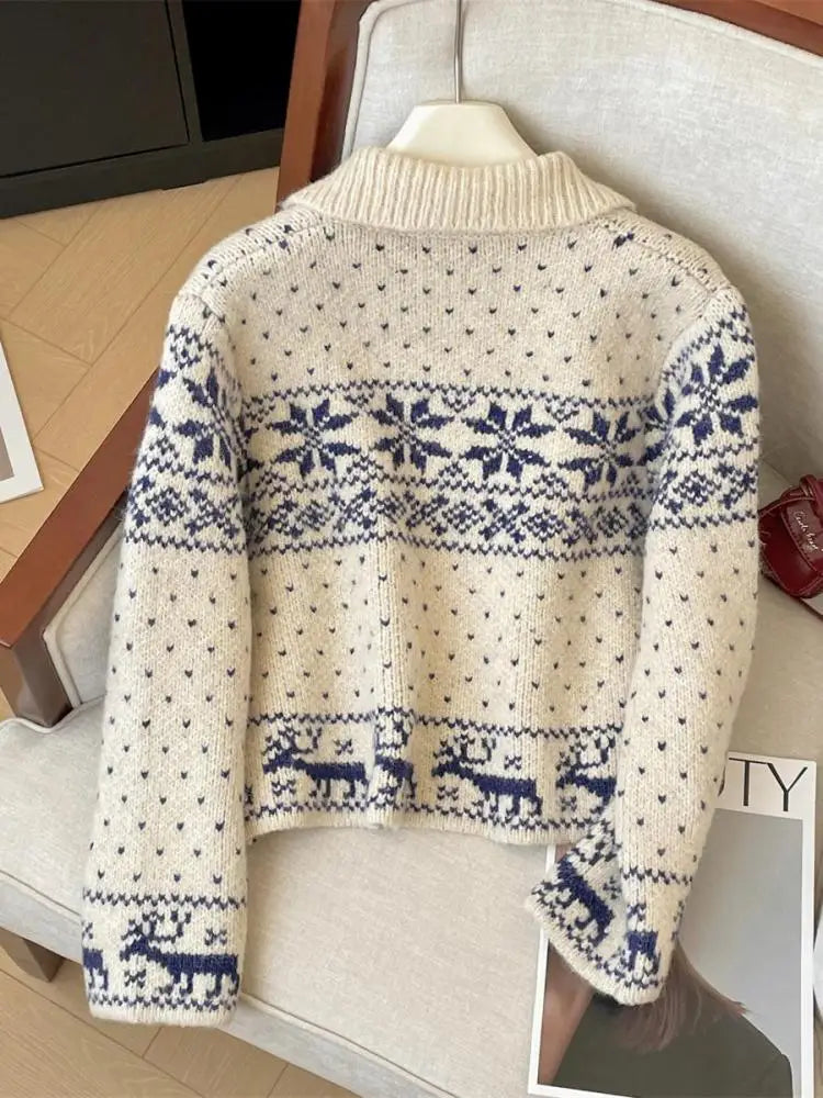 French Autumn Winter Beige Print Elegant Zipper Cardigan Short Sweater Women's Vintage 2024 New Long Sleeved Knitted Tops Trendy