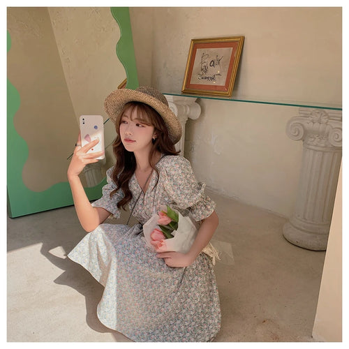 Load image into Gallery viewer, Princess Sleeve Female Floral Dress Summer Pleated Slim Waist V-neck Sweet Chiffon Women&#39;s Dresses Korean Vintage Dress
