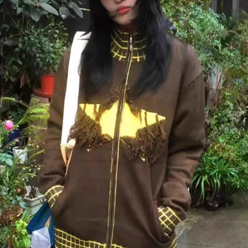 Load image into Gallery viewer, Y2k Aesthetic Vintage Knitted Plaid Cardigans Star Jacquard Tassel Zipper Sweater Coats Loose Women Grunge Harajuku Ins Knitwear
