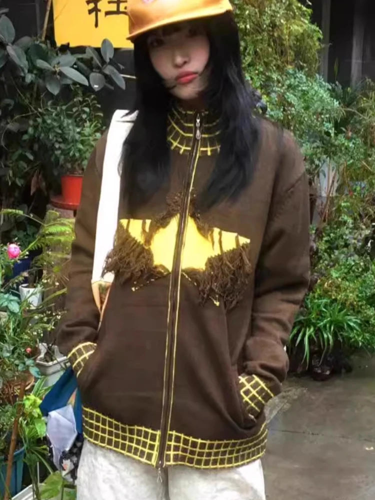 Y2k Aesthetic Vintage Knitted Plaid Cardigans Star Jacquard Tassel Zipper Sweater Coats Loose Women Grunge Harajuku Ins Knitwear