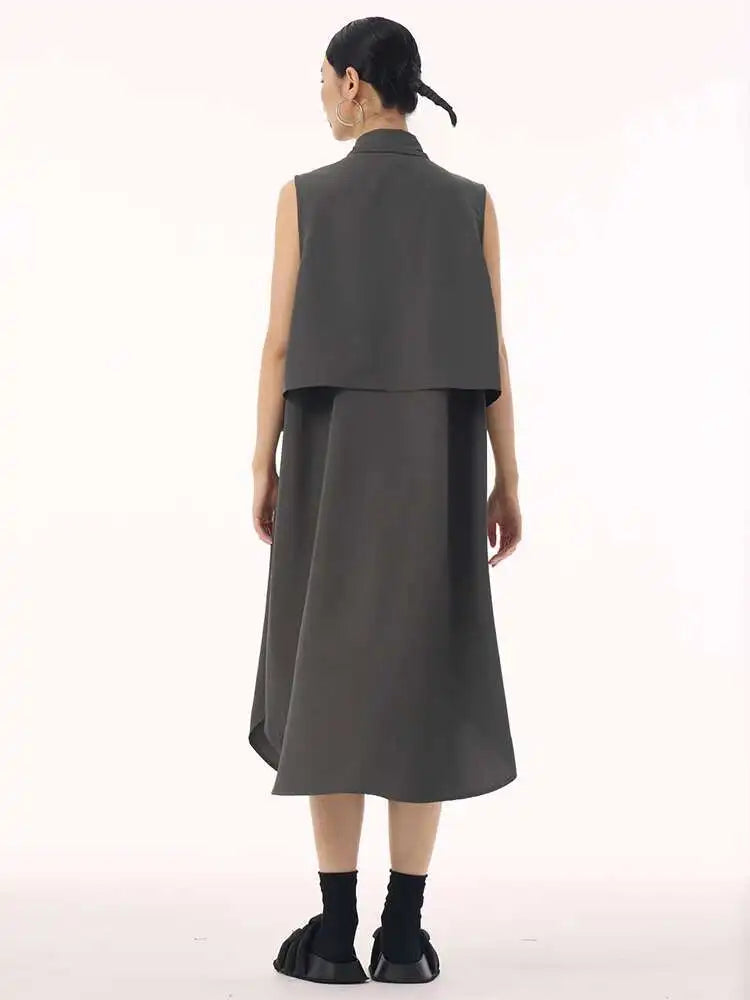 Women Black Shaped Pockets Big Size Midi Shirt Vest Dress New Lapel Sleeveless Fashion Tide Spring Autumn 2025 1DH9471