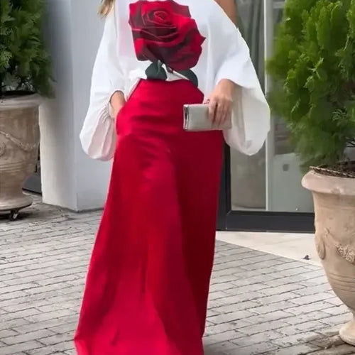 Load image into Gallery viewer, Summer Women 2 Piece Set Outfit Pants Rose Flower Print Blouse Tops Loose Wide Leg Trousers Clothes for Women
