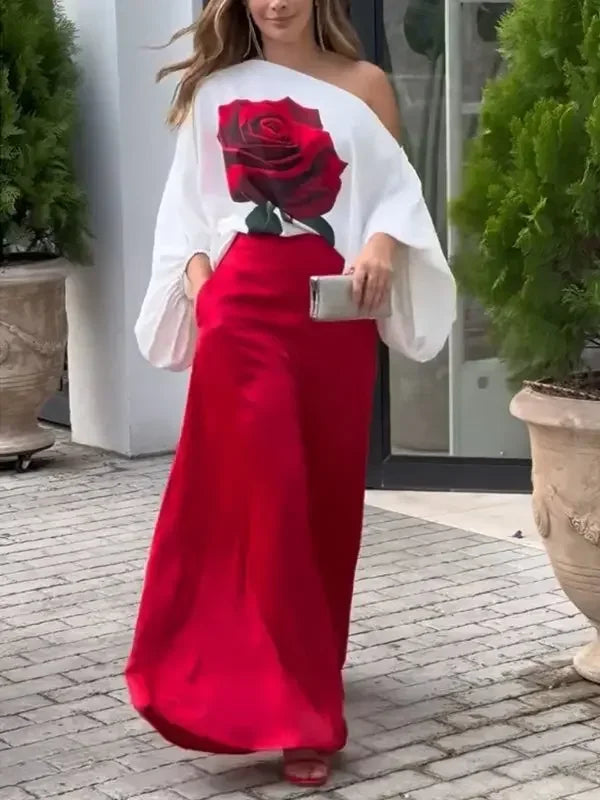 Summer Women 2 Piece Set Outfit Pants Rose Flower Print Blouse Tops Loose Wide Leg Trousers Clothes for Women