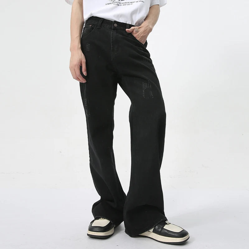 American High Street Flare Pants Denim Cat Beard Worn Out Design Simple Solid Color Zipper Male Jeans Summer 9C6174