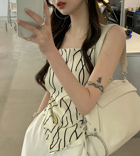 y2k Tops Summer Women Geometric Stripe Print Spaghetti Strap Sleeveless Backless Camisole 2000s Clothing Streetwear