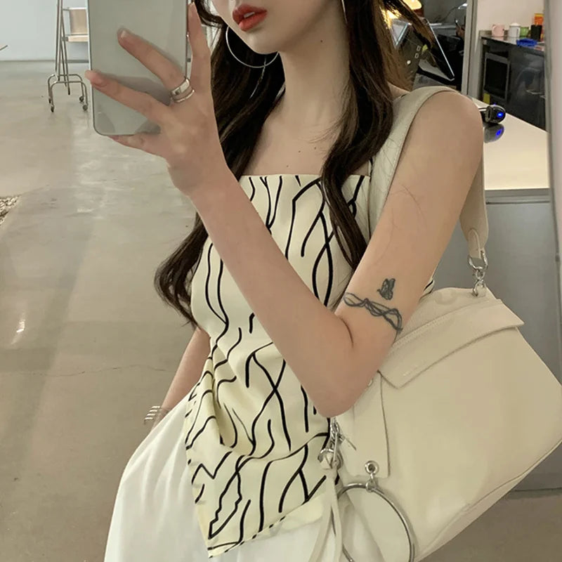 y2k Tops Summer Women Geometric Stripe Print Spaghetti Strap Sleeveless Backless Camisole 2000s Clothing Streetwear