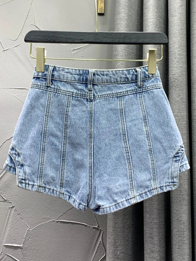 Minimalist Denim Shorts For Women High Waist Patchwork Button Summer Irregular Shorts Skirts Female Fashion