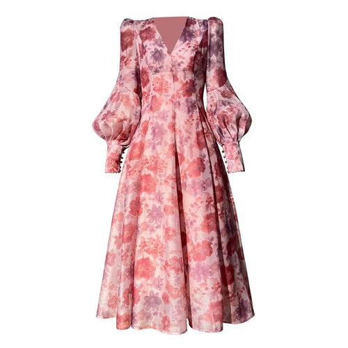 Load image into Gallery viewer, Hit Color Printing Dresses For Women V Neck Lantern Sleeve High Waist Tunic Slimming A Line Dress Female Fashion
