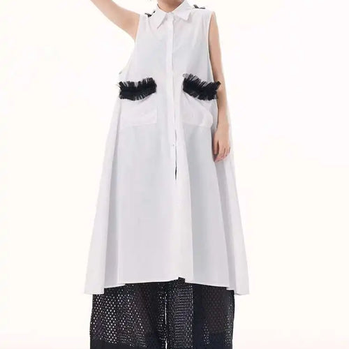 Load image into Gallery viewer, Women White Mesh Color-block Backless Big Size Shirt Dress New Lapel Sleeveless Fashion Tide Spring Summer 2025 1DH9518

