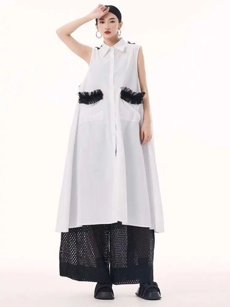 Women White Mesh Color-block Backless Big Size Shirt Dress New Lapel Sleeveless Fashion Tide Spring Summer 2025 1DH9518