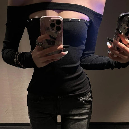 Load image into Gallery viewer, Y2k Aesthetic Women Sexy Hollow Out Rivet T-shirt Vintage Solid Streetwear Grunge Tshirts Harajuku Vintage Slash Neck Tees Femme
