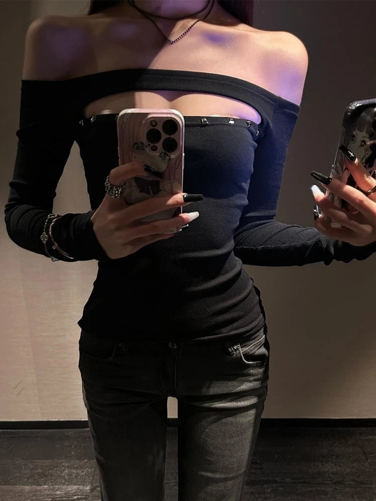 Y2k Aesthetic Women Sexy Hollow Out Rivet T-shirt Vintage Solid Streetwear Grunge Tshirts Harajuku Vintage Slash Neck Tees Femme