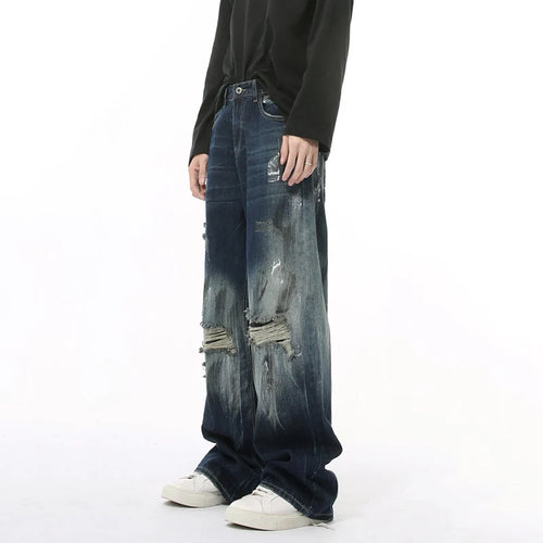 Load image into Gallery viewer, High Street Men&#39;s Two-piece Sets Worn-out Plotch Hole Turn-down Collar Denim Jackets Straight Wide Leg Male Jeans 9C8969

