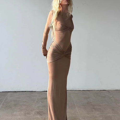 Load image into Gallery viewer, Long Sleeve Ruched Sexy Maxi Dress For Women Gown 2025 Spring Fashion Solid O Neck Slim Fit Elegant Long Dress Clothes
