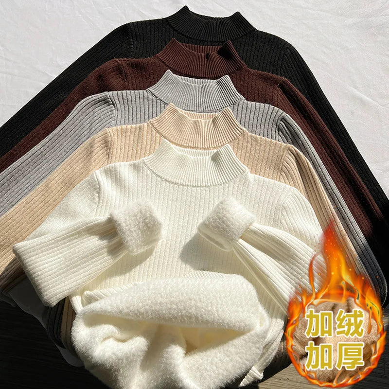 New Solid Basic Half High Collar Long Sleeve Women Velvet Sweater Autumn Winter Slim Thick Pullover Tops Knitwear Versatile Chic