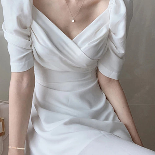 Load image into Gallery viewer, Retro V-Neck Slim Waist Women Dress Elegant Puff- Sleeve White Female A-Line Dress  Summer Party Vestidos Femme Maxi
