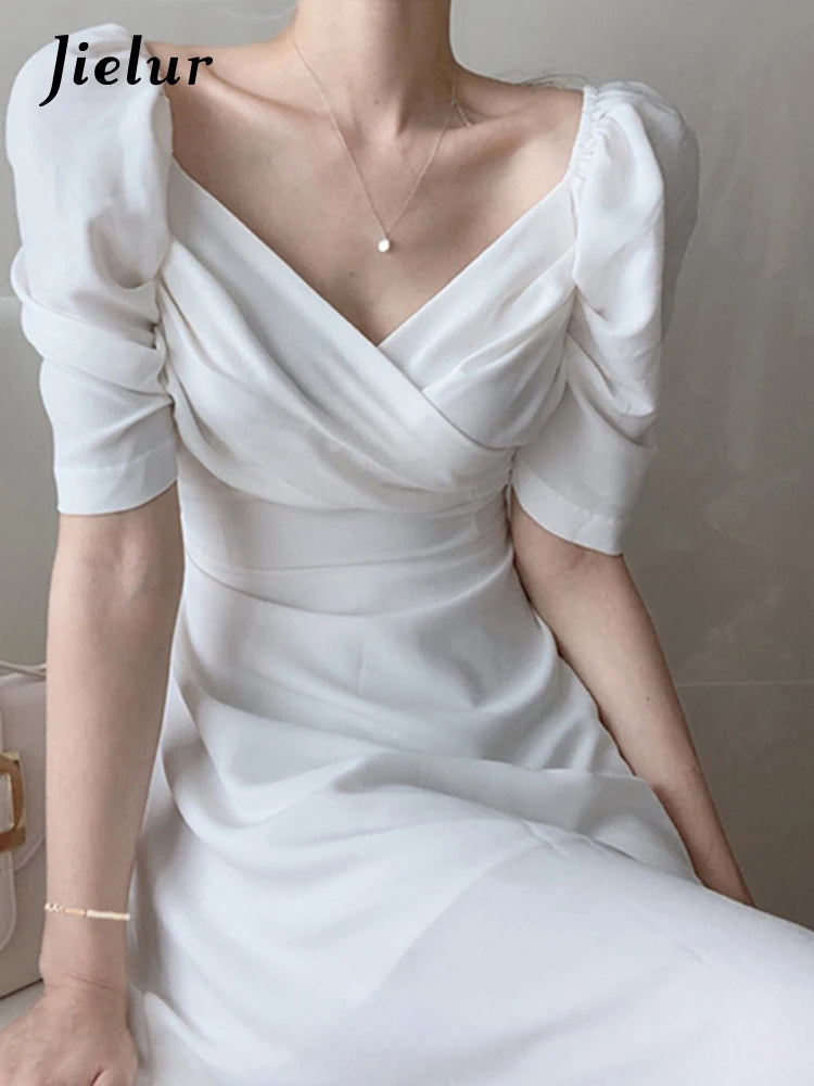 Retro V-Neck Slim Waist Women Dress Elegant Puff- Sleeve White Female A-Line Dress  Summer Party Vestidos Femme Maxi