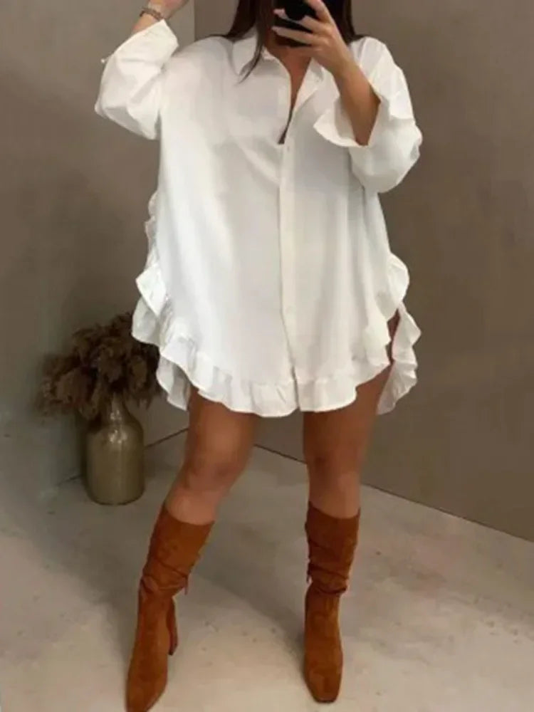 Women's White Mini Dresses 2025 Summer Spring Falbala Lapel Casual Vintage Long Sleeve Woman Party Shirts Dress Clothes