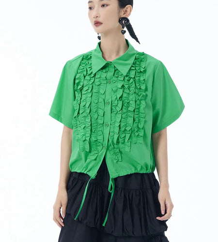Women Red Ruffles Drawstring Big Size Elegant Blouse New Lapel Short Sleeve Shirt Fashion Tide Spring Summer 2025 1DJ1606