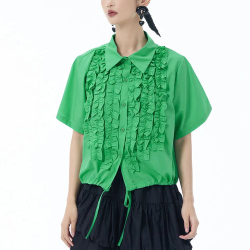 Load image into Gallery viewer, Women Red Ruffles Drawstring Big Size Elegant Blouse New Lapel Short Sleeve Shirt Fashion Tide Spring Summer 2025 1DJ1606
