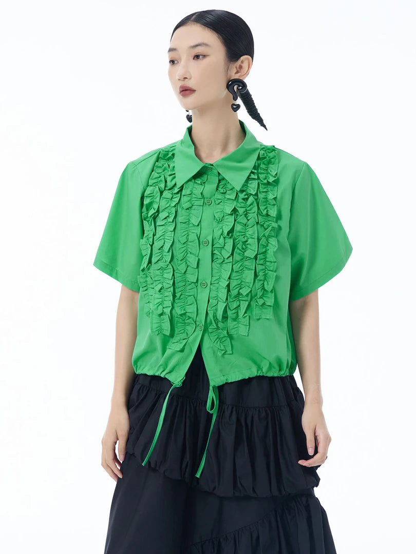Women Red Ruffles Drawstring Big Size Elegant Blouse New Lapel Short Sleeve Shirt Fashion Tide Spring Summer 2025 1DJ1606
