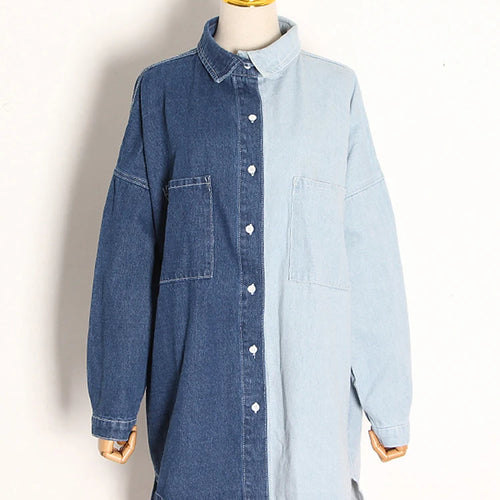 Load image into Gallery viewer, Casual Women&#39;s Denim Shirt Top Lapel Long Sleeve Colorblock Loose Blouses Korean Fashion Clothing Women Style
