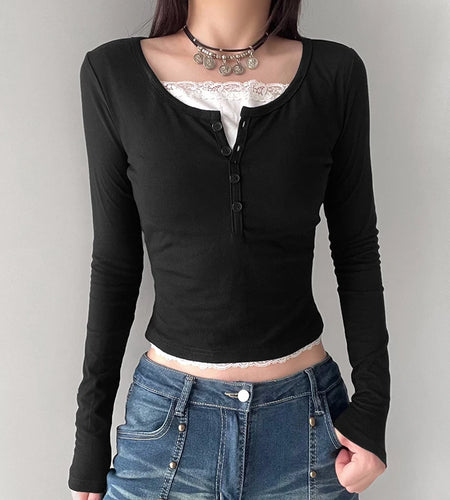 Casual Lace Patched Slim Autumn T-shirts for Women Korean Fashion Basic Crop Top Tee Buttons Long Sleeve Cute Outfits
