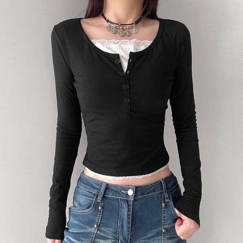 Casual Lace Patched Slim Autumn T-shirts for Women Korean Fashion Basic Crop Top Tee Buttons Long Sleeve Cute Outfits