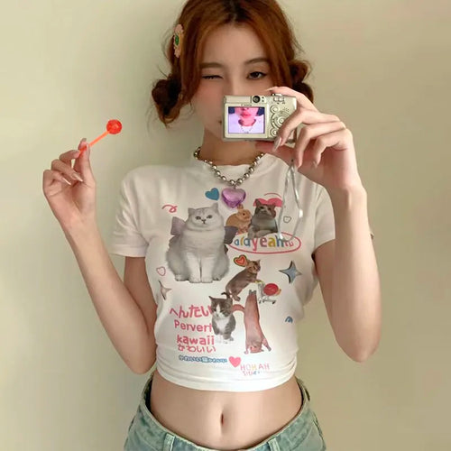 Load image into Gallery viewer, Y2k Aesthetics Crop Top Kawaii Cat Print T-shirt 2000s Cute Kitty Short Sleeve Tee Shirt Harajuku Fairycore Tshirt Sweet
