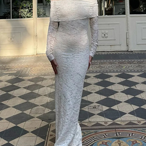 Load image into Gallery viewer, Lace Off-shoulder Sexy Maxi Dress For Women White Strapless Long Sleeve Backless Bodycon Club Party Sexy Long Dress
