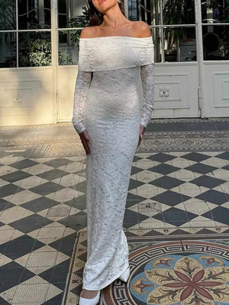 Lace Off-shoulder Sexy Maxi Dress For Women White Strapless Long Sleeve Backless Bodycon Club Party Sexy Long Dress