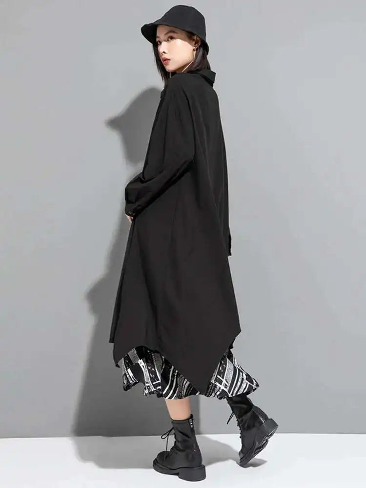 Women Black Irregular Back Long Big Size Blouse New Lapel Long Sleeve Loose Fit Shirt Fashion Spring Autumn 2025 1DF6517