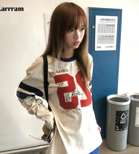 Japanese Y2k Number Print T-shirt 2000s Aesthetics Long Sleeve Jersey Tops Vintage Harajuku Streetwear American Retro