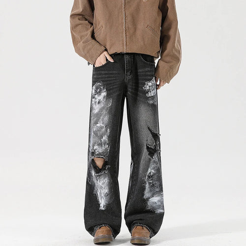 Load image into Gallery viewer, Men's Jeans New American Style Niche Design Graffiti Ripped Design Straight Wide Leg Hole Stylish Male Clothing 9W2023
