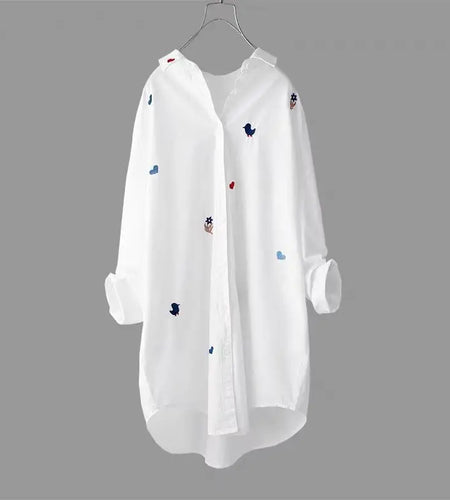 Women Cotton Embroidery Loose Long White Shirts 2023 Spring Summer Casual Office Lady Blouse Female Top Oversize Blouse