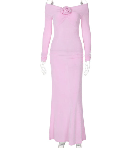 Slash Neck Solid Tie Flower Long Sleeve Backless Sexy Bodycon Maxi Prom Dress Autumn Women Clothes Birthday Party