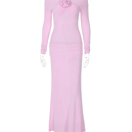 Load image into Gallery viewer, Slash Neck Solid Tie Flower Long Sleeve Backless Sexy Bodycon Maxi Prom Dress Autumn Women Clothes Birthday Party
