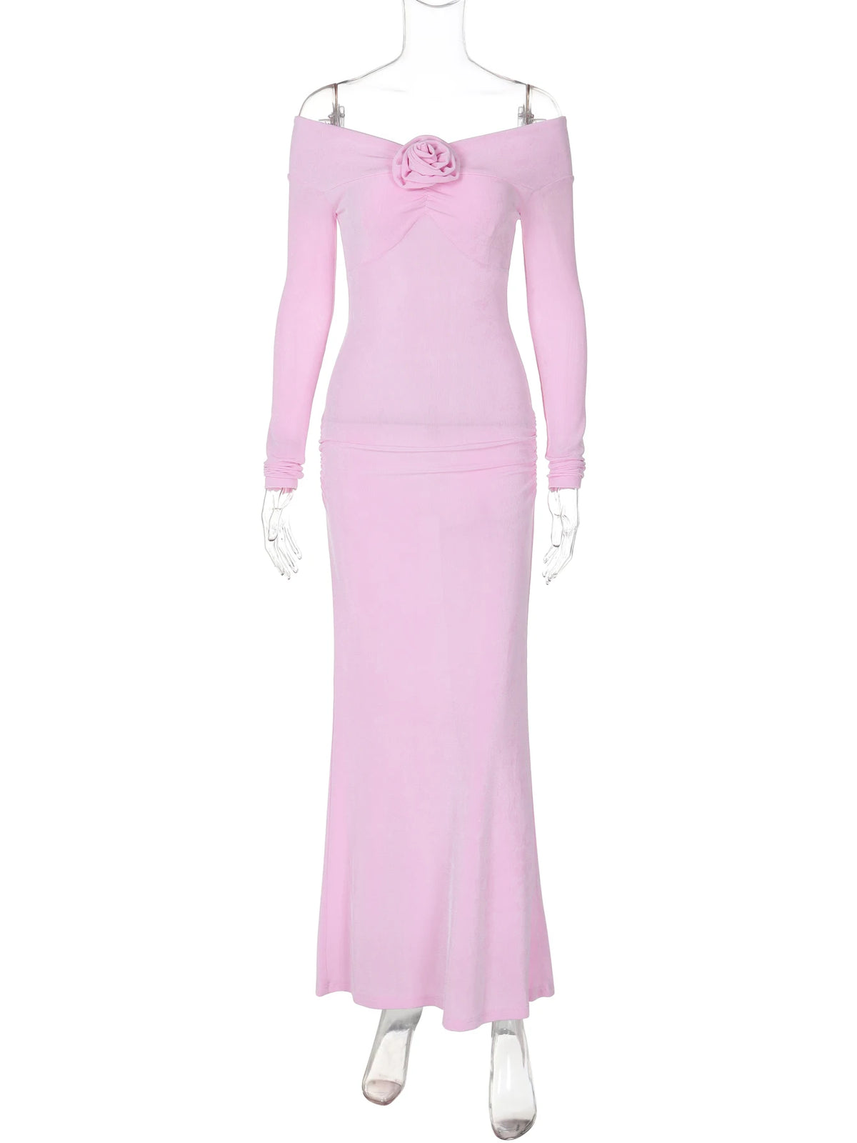 Slash Neck Solid Tie Flower Long Sleeve Backless Sexy Bodycon Maxi Prom Dress Autumn Women Clothes Birthday Party